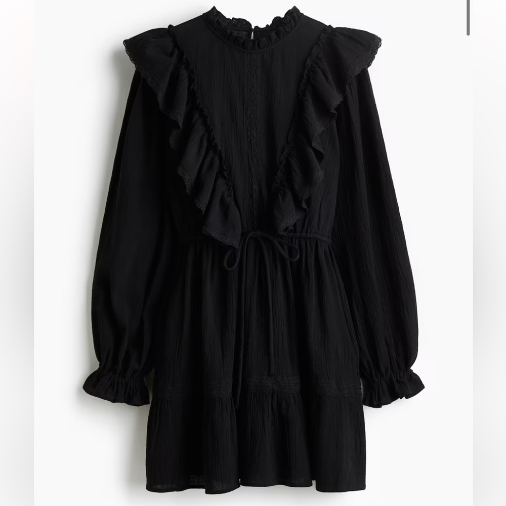 H&M Black Ruffle Long-Sleeve Mini Dress